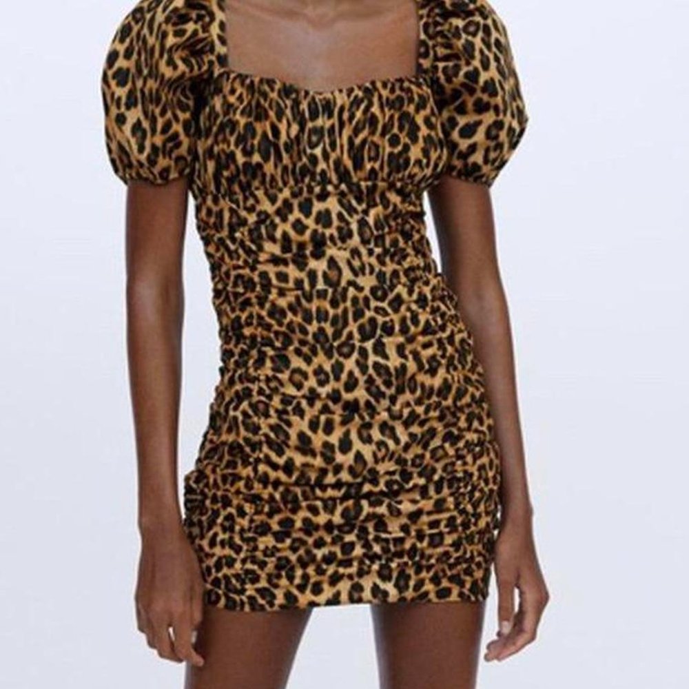 Zara Leopard Cheetah Print Mini Dress Puff Shoulder